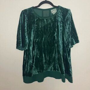 Maeve Anthropologie Women's Green Crushed Velvet Short Sleeve Blouse LARGE